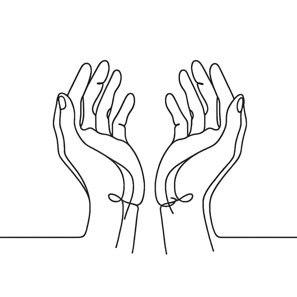 Dall·e 2024 02 21 16.55.09 Create A Minimalistic One Line Drawing Of Open Hands On A White Background. The Drawing Should Capture The Gesture Of Openness, Giving, Or Receiving,